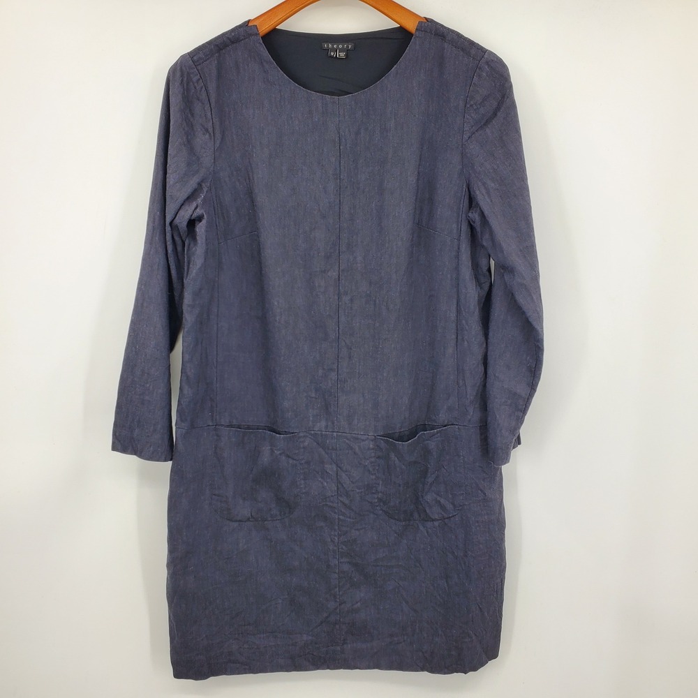 Theory‎ Jerda Wool Crunch Linen Blend Shift Dress Navy Blue Pockets 12 Career